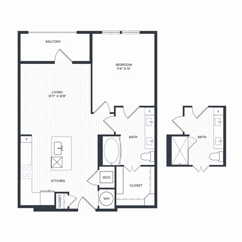 Floor plan for 1 bed, 1 bath, 737 sqft